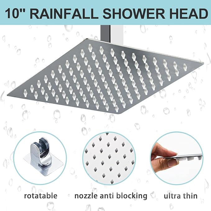 10 Inch Ceiling Mount Shower Faucet Set, Silver Rainfall Shower System with Valve Trim, Square Rain Shower Spray Combo Luxury Shower Fixtures Polish Chrome Shower Head and Handle Set