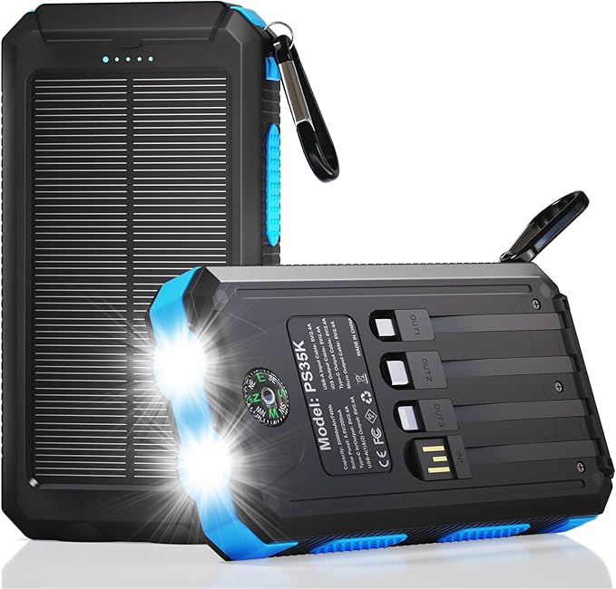 Solar Charger Power Bank 20, Portable Charger, 4 Cables 3 Ports Fast Charging by Durecopow