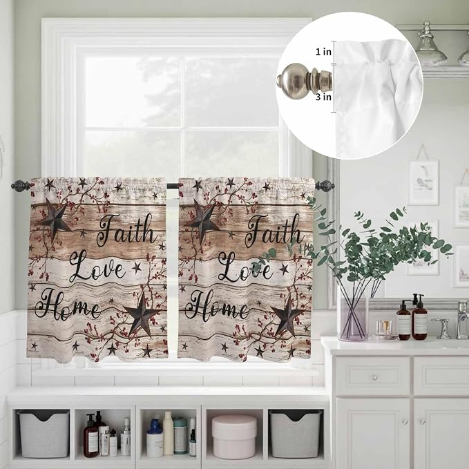 Kitchen Curtains Tiers and Valance Set of 3, Rustic Star Brown Light Filtering - Image 8