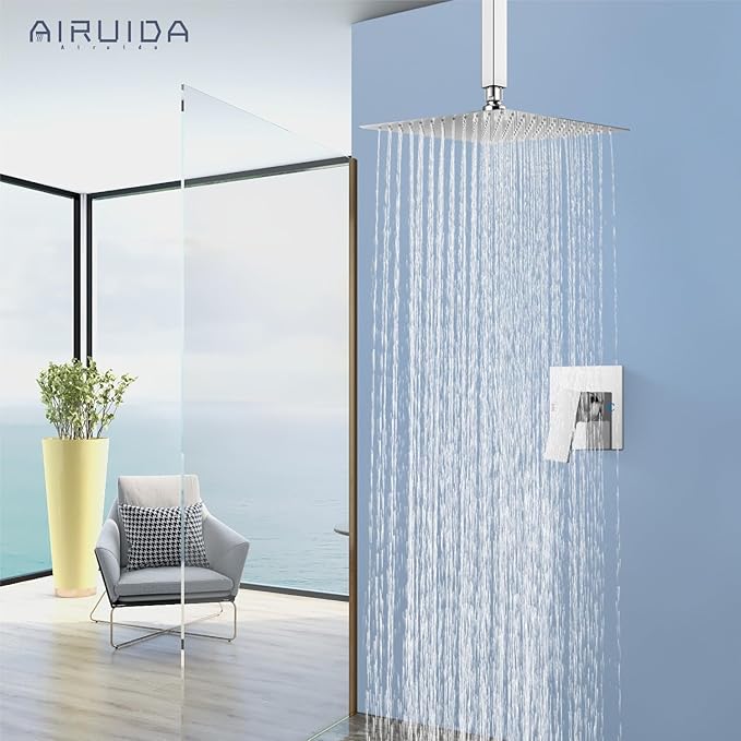 Airuida Shower Faucet Set and Handle Set Single Function Shower Trim Kit Ceiling Mount Rainfall Shower System with Male Threads and Rough-in Valve 10 Inch Square Shower Head Chrome Polish