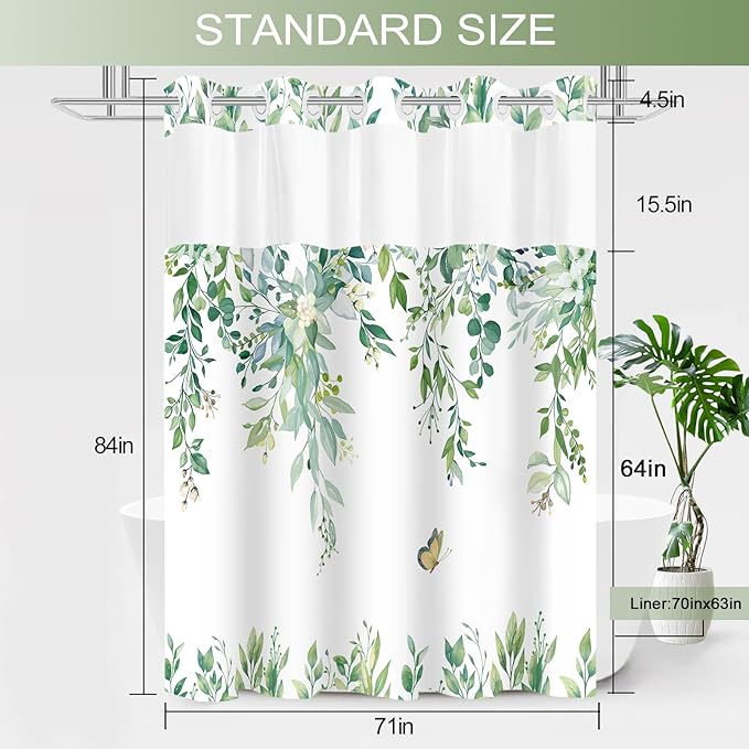 No Hook Shower Curtain and Liner Set, Light Green Eucalyptus Floral Shower Curtains for Bathroom, Bath Curtain Sets with Snap in Liner, Waterproof with See Through Top Window, 71x84 Inches