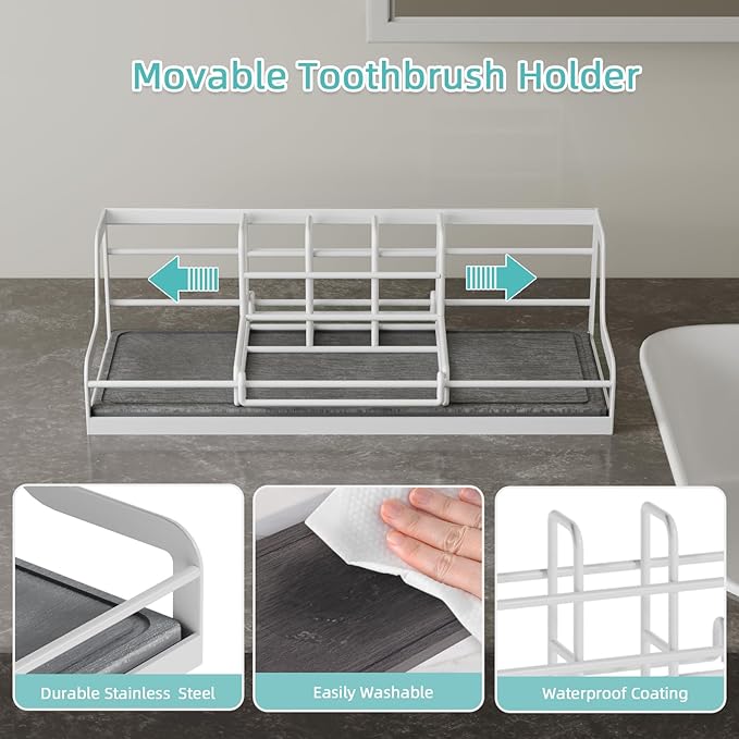 Toothbrush Holders, Bathroom Organizers and Storage with Instant Drying Stone, 6 Slots Bathroom Accessories with Adjustable Toothpaste Holders, Bathroom Counter Organizer, White