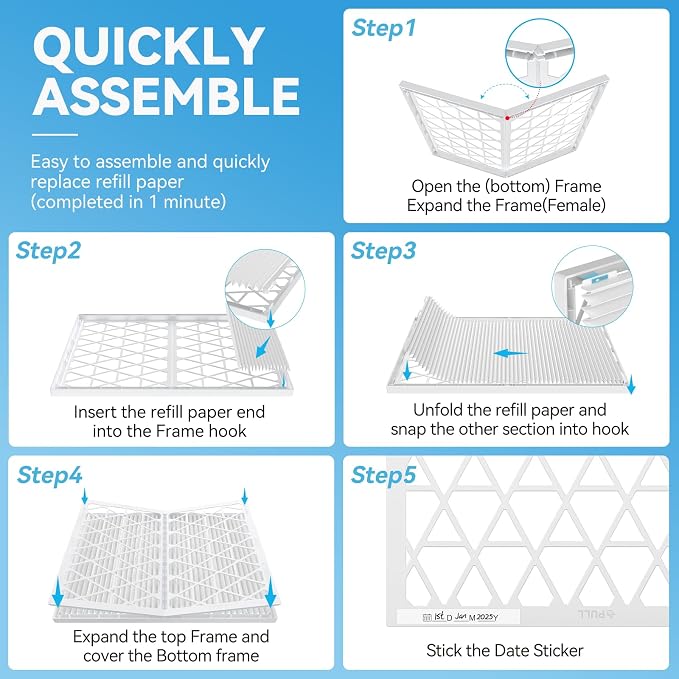 Reusable 16x20x1 Air Filter, 1 Foldable Frame + 6 Refills - Image 8