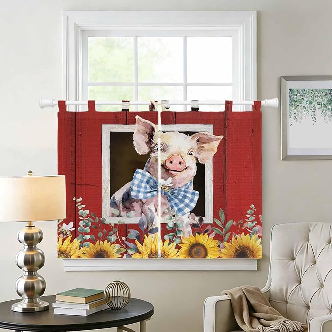 Pig Sunflowers Kitchen Curtains 45 Inch Length, Short Cafe Window Curtains Tab - Image 2