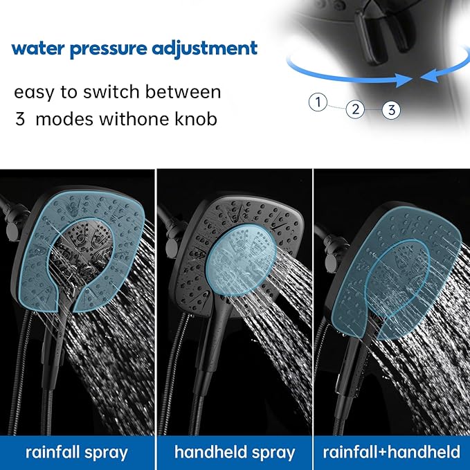 Black Shower Head with Handheld Spray Combo 2 in 1 Rainfall High Pressure with 59" Rotatable Stainless Steel Hose 9 Spray Modes Detachable
