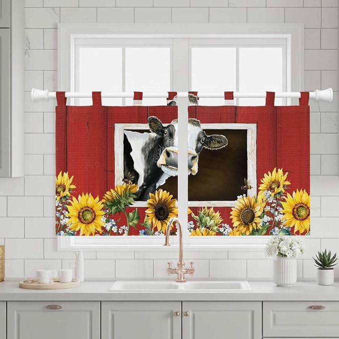 Cows Sunflowers Kitchen Curtains 24 Inch Length, Small Window Curtains Tab Top - Image 3