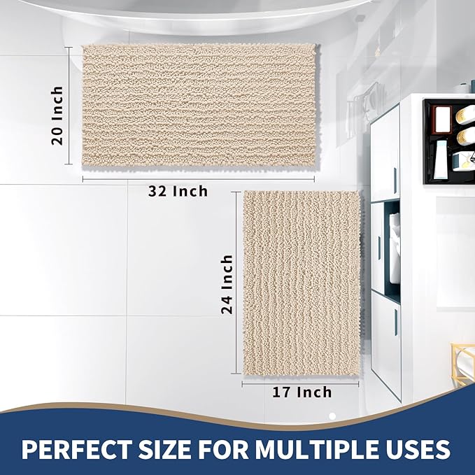 Yimobra Bathroom Rugs Sets 2 Piece - Quick Dry Extra Thick Luxury Chenille Bath Mat, Non Slip Super Absorbent for Tub Shower Sink, Machine Washable Shaggy Floor Mat, 32"x20"+24"x17" Inch, Light Brown