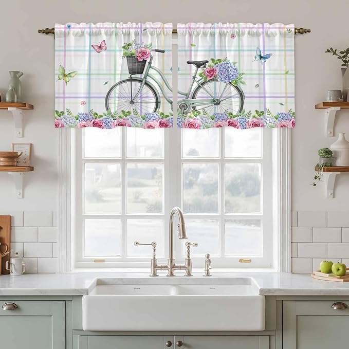 Spring Tier Curtains, Bicycles Botanical Leaves Rose Colorful Stripes Light - Image 2