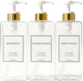 Modern Gold Design Shampoo and Conditioner Dispenser, Large 27oz Shower Soap Dispenser, Set of 3 Refillable Empty Plastic Pump Bottles for Bathroom, 6 Waterproof Labels Included, (Clear & White)