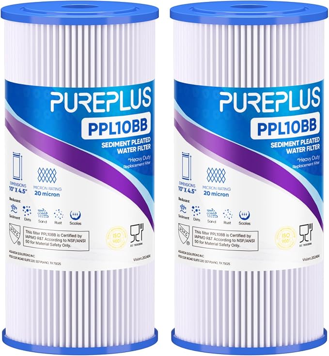 PUREPLUS 20 Micron 10" x 4.5" Whole House Pleated Sediment Filter by PUREPLUS