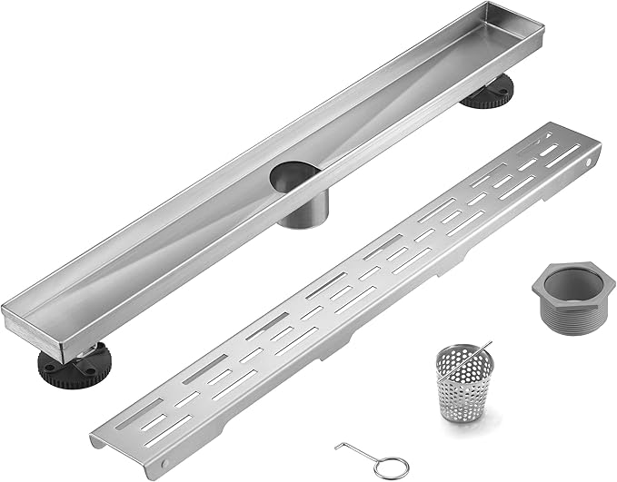 HEATGENE 12-Inch Linear Shower Drain in Brushed - Stainless Steel Rectangular Shower Floor Drain - Removable Decorative Cover - Adjustable Leveling Feet - CUPC Certified