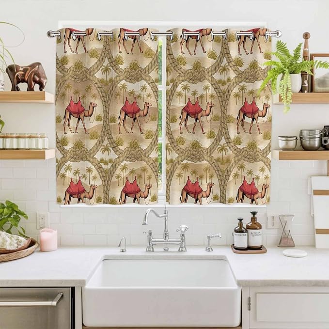 2 Panel Kitchen Cafe Curtains, Desert Camels Sunlight Filtering Nature Air - Image 2