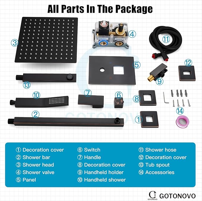 gotonovo Shower System with Tub Spout Wall Mounted Rain Shower Head and Handle Combo Shower Faucet Set with Valve, 12 Inch, Oil Rubbed Bronze