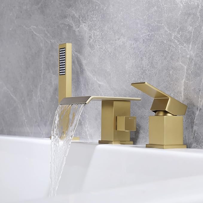 TapLong Roman Tub Faucet Waterfall Tub Filler Waterfall Deck Mount Bathtub Filler Faucet with Sprayer 3 Hole Widespread Tub Filler Deck Mount Solid Brass Brushed Gold, 02763BG