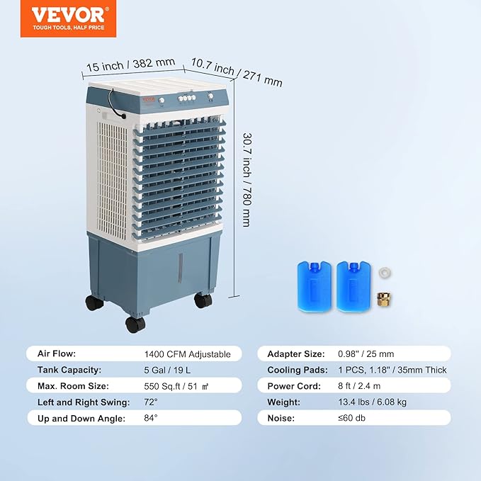VEVOR Evaporative Air Cooler, 1400 CFM 11X31 inch Air Cooler, 3 Speeds Cooler - Image 7