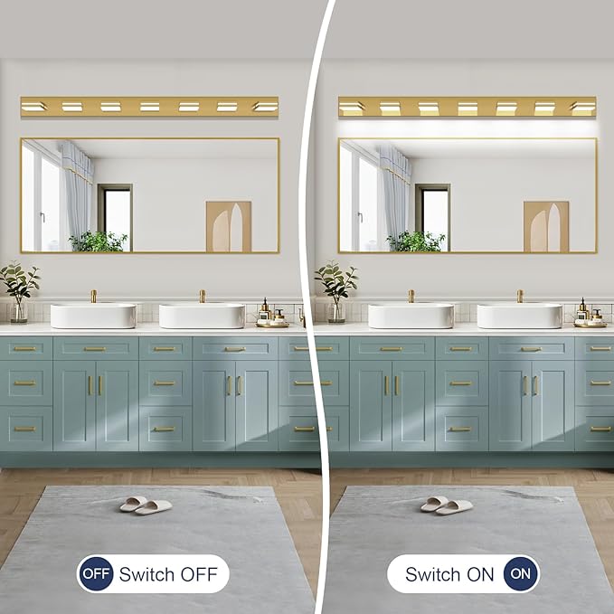 SineRise LED Modern Bathroom Vanity Light Fixtures (7-Light, 55-Inch, Dimmable), Brass Modern Acrylic Bathroom Wall Lighting Fixtures Over Mirror (Cool White 6000K)