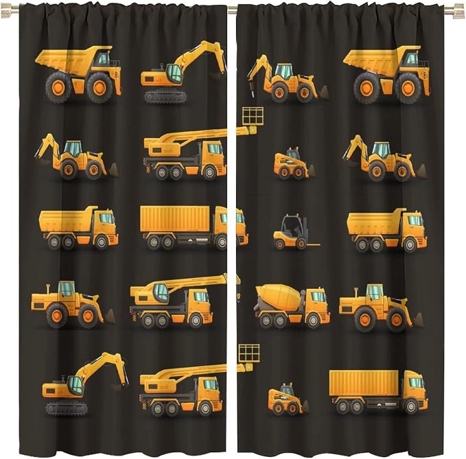 Kids Construction Window Curtains, Construction Machinery Equipment Mode of by SHElifestyle