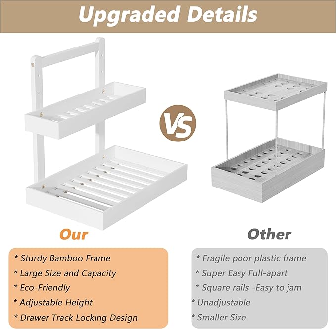 Bamboo Under Sink Organizer and Storage, 2 Tier Pull Out Cabinet Organizer, Slide Out Under Sink Storage Shelf, Undersink Organizers Shelves for Kitchen Bathroom Organization (White, 1 Pack)