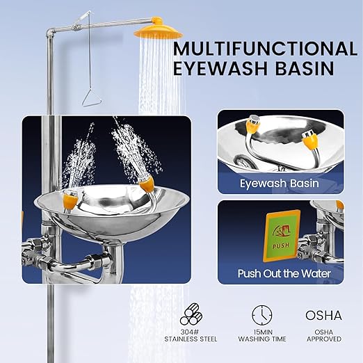Emergency Eye Wash Station with Shower Stainless Steel Eyewash and Shower Kit Integrated Eyewash and Shower System Multi-Functional Eyewash Station First Aid Eyewash and Shower Kit.