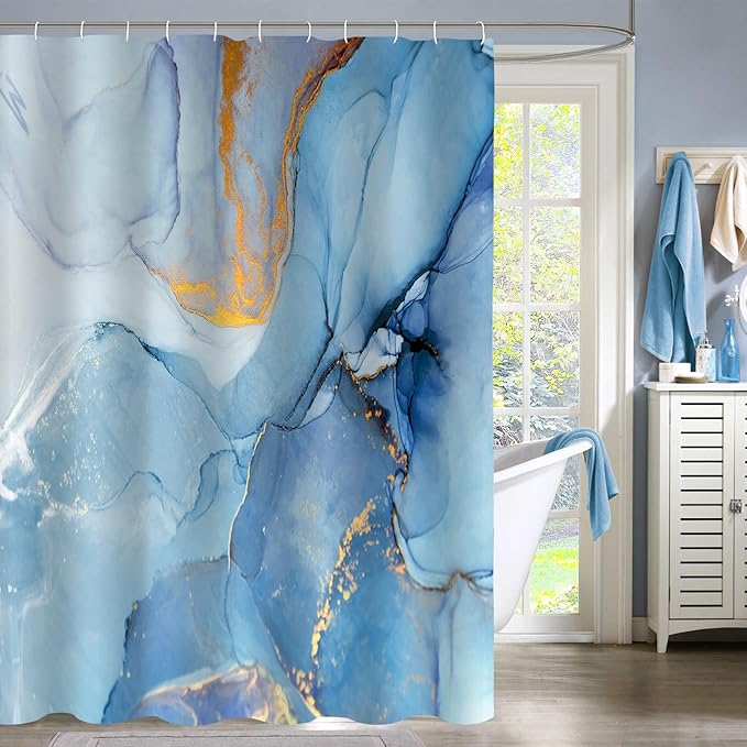 Gibelle Abstract Marble Shower Curtain, Blue Ombre Jade Texture Gold Stripes Ombre Watercolor Paint, Modern Ink Art Decor Waterproof Fabric Curtain for Bathroom Set, 71x71