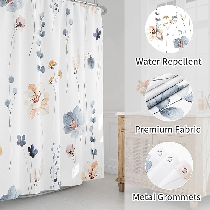 Gibelle Extra Long Shower Curtain 72 x 84, Watercolor Floral Fabric Shower Curtain, Blue Beige Flower Decorative Bathroom Shower Curtain Set