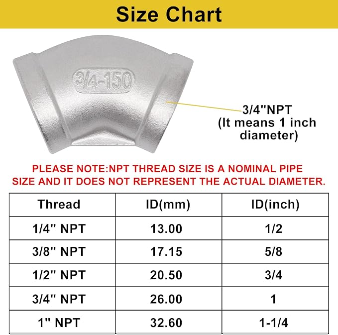 45 Degree Elbow 2PCS, 3/4" NPT Female x 3/4" NPT Female 304 Stainless Steel - Image 2