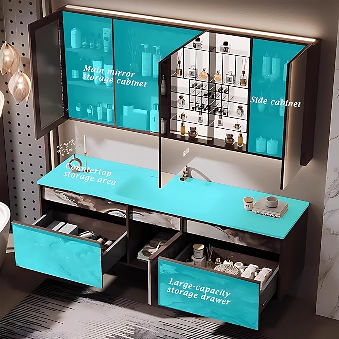 52IN Modern Bathroom Vanity with Sink - Bathroom Vanity with 2 Drawer Organizer, LED Mirror Lights & Defogging Function | Wall - Mounted Vanity with Silver Sink Faucet