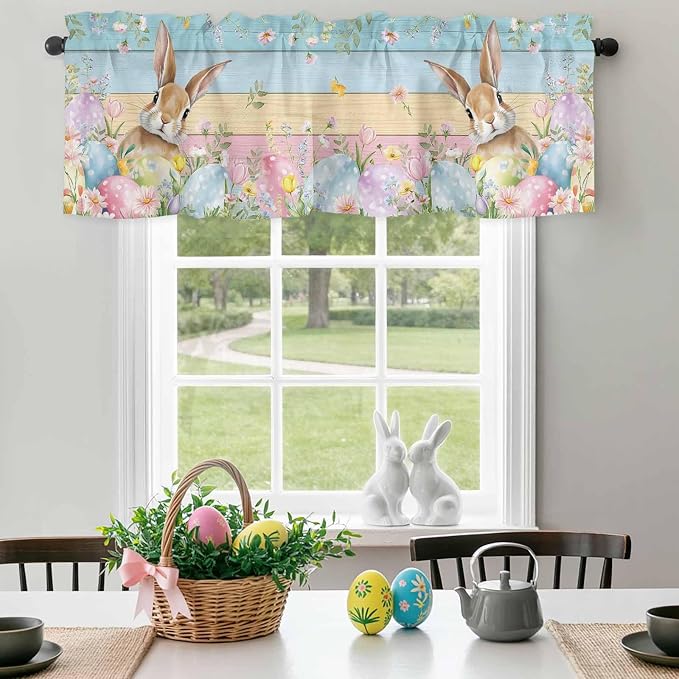 Kitchen Valances for Window, Spring Easter Eggs Rabbit Flower Light Filtering - Image 8