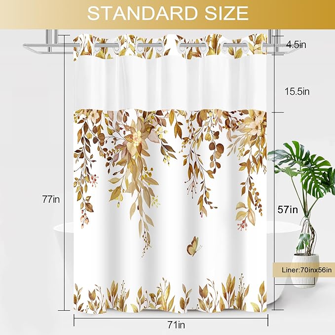 No Hook Shower Curtain and Liner Set, Yellow Eucalyptus Floral Shower Curtains for Bathroom, Bath Curtain Sets with Snap in Liner, Waterproof with See Through Top Window, 71x77 Inches