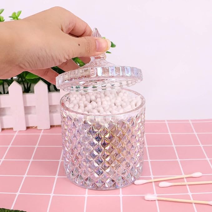 Colorful Home Decorative Jar Qtips Holder Dispenser Glass Storage Container Bathroom Counter Vanity Organizer for Bath Salts/Swabs/Rounds Makeup Sponges Toothpick Jewelry(Sparkling, 20 oz)