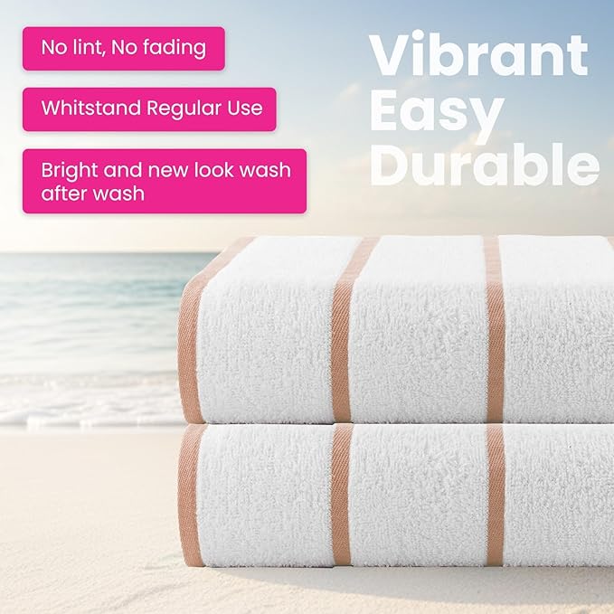 CASA COPENHAGEN Cabana Pool 2 Pieces Large Bath Sheet Set 70" x 35", 550 GSM, Designed in Denmark, Made of Soft Egyptian Cotton for Bathroom, Beach & Shower - White Beige Stripe