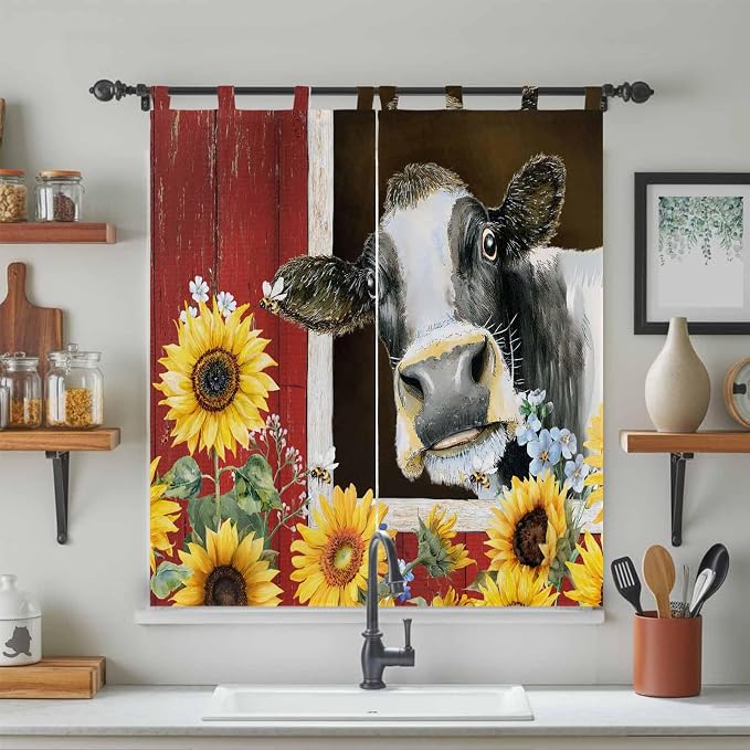 Cows Sunflowers Bathroom Curtains 63 Inch Length, Window Curtains Tab Top - Image 3