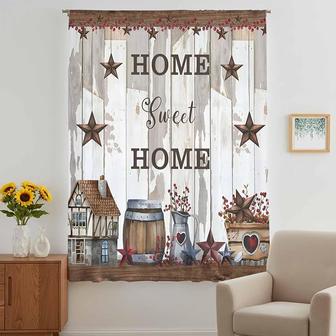 Farmhouse Sheer Curtains 45 Inch Length Retro Country Star Berry Vintage Wood - Image 5