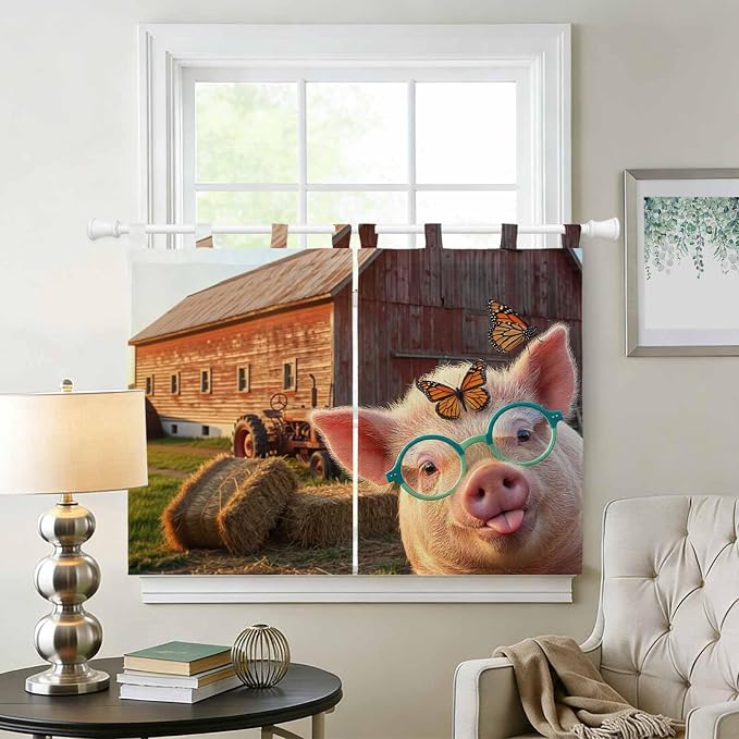 Farm Pig Kitchen Curtains 45 Inch Length, Short Cafe Window Curtains Tab Top - Image 2