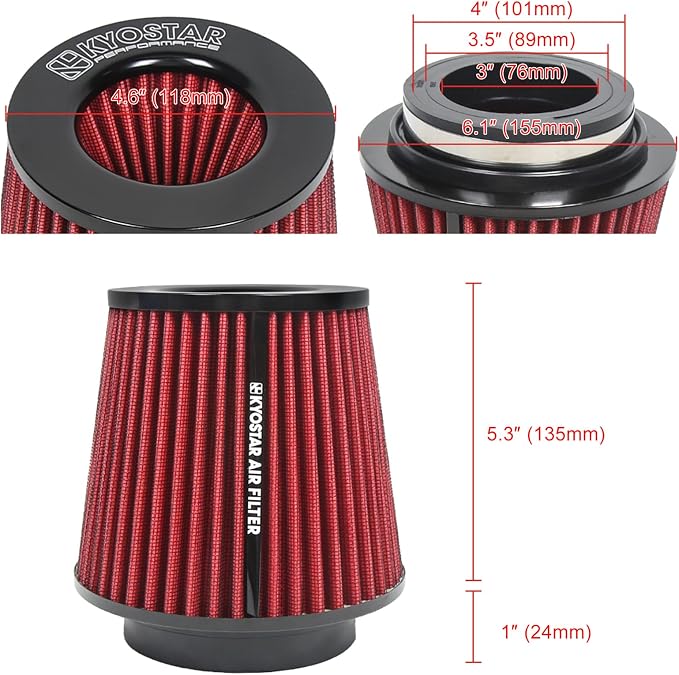 KYOSTAR Universal 3/3.5/4" High-Flow Air Filter, Reusable Cone Cold Air Intake - Image 2
