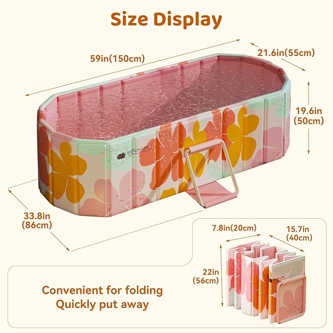 Portable Foldable Bathtub, Freestanding Bathtub No Installation, Bathroom SPA Soaking Bath Tub, Shower Stall Collapsible Hot & Ice Bath for Indoor Outdoor (Pink, 59"L x 21.6"W x 19.6"H)