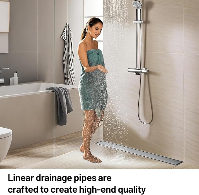 Linear Shower Drain, 304 Stainless Steel with Adjustable Leveling Feet, Hair Strainer,Reversely Install Place to Create an Invisible Floor Drain - Silver -16-Inch