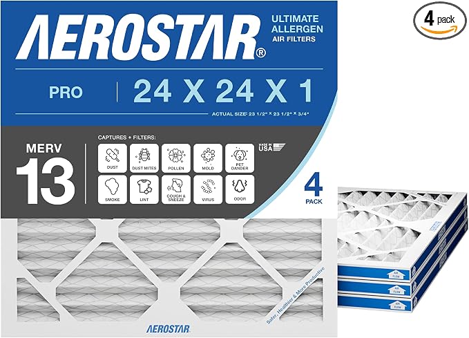 Aerostar 24x24x1 MERV 13 High Efficiency Pleated Air Filter, Electrostatic AC by AirFiltersDelivered