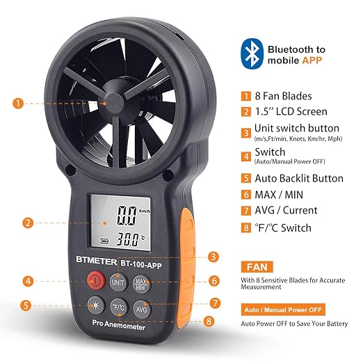 BTMETER BT-100APP Anemometer w/Wireless Bluetooth, Digital Handheld Wind Speed - Image 5