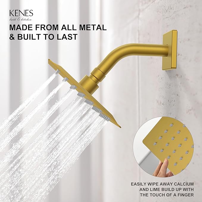 KENES Brushed Gold Tub and Shower Trim Kit, Square Tub Shower Faucet Set Complete with 6-Inch Rainfall Shower Head and Tub Spout, KE-6025A-4 (Shower Valve Included)
