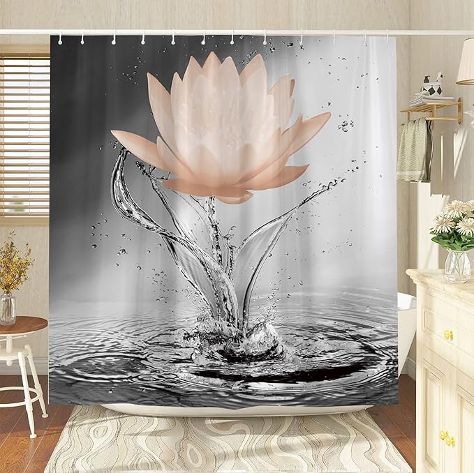 Lotus Shower Curtain Black White Grey Orange Flower Elegant Blooming Floral with Dew Spring Flower Reflection on Water Modern Romantic Polyester Fabric Bathroom Decor 70×70 Inch with Hook