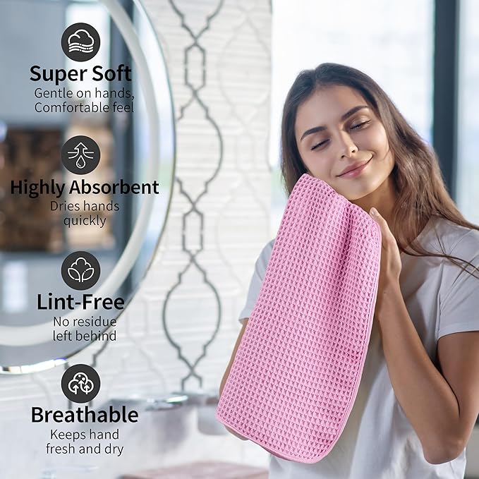 Microfiber Waffle Hand Towels, 4 Pieces, Soft, Absorbent, Fast Drying, Lint Free (Pink)