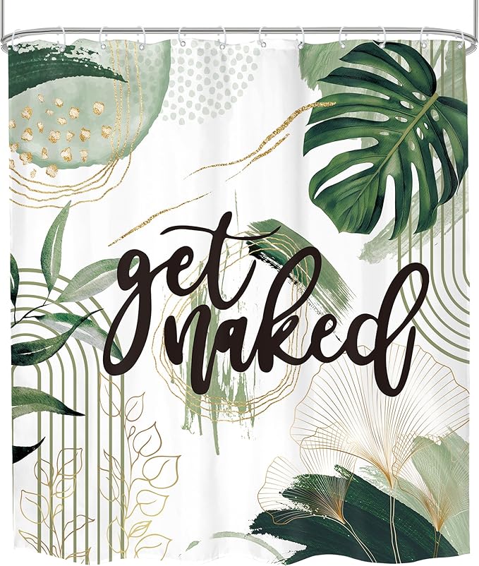 Green Boho Shower Curtain 60Wx72H Bohemian Sage Green Golden Leaves Get Naked Abstract Mid Century Modern Plant Botanical Bathroom Decor Minimalist Bath Curtain Fabric Polyester 12 Pack Hooks