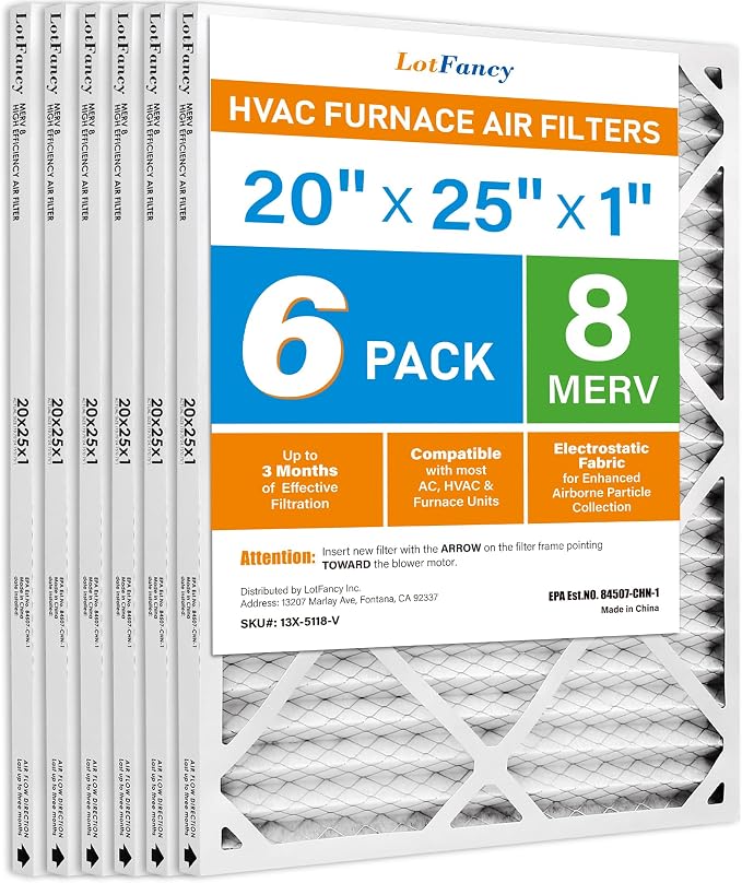 LotFancy 20x25x1 Air Filter MERV 8 6-Pack, Electrostatic Pleated Furnace & AC by LotFancy