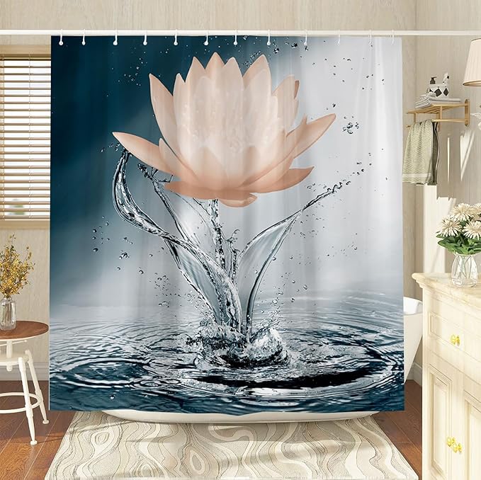 Lotus Shower Curtain Black White Blue Orange Flower Elegant Blooming Floral with Dew Spring Flower Reflection on Water Modern Romantic Polyester Fabric Bathroom Decor 60×70 Inch with Hook