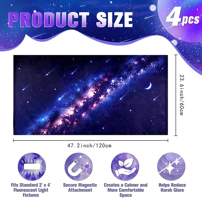 Fluorescent Light Covers for Ceiling Lights, 4 Pack 4 x 2 ft Magnetic Galaxy - Image 2