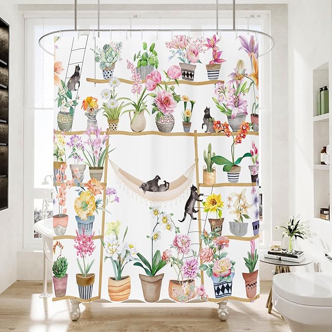 Bohemian Shower Curtain, Boho Floral Print Water Repellent Polyester Fabric for Bathroom Decor, 72×72 Inch Standard Size with 12 Hooks, Also as Room Divider