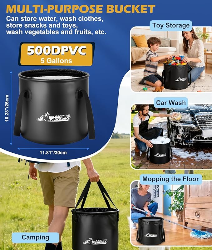 Upgraded Portable Shower for Camping, Rechargeable Camping Shower with LED Display, 5 Gal Collapsible Bucket, 5 Adjustable Speeds, IPX8 Waterproof Portable Shower Kit for Hiking, Car, Pet, Travel