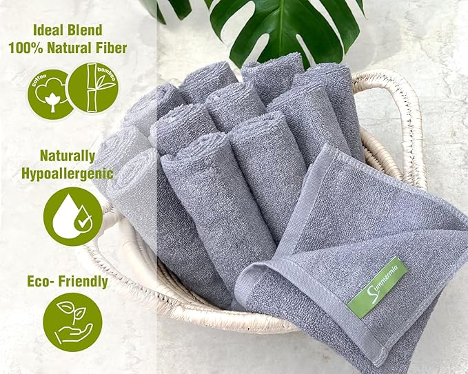 12 Pack Washcloths 13" x 13" - Soft Wash Cloths for Your Face Towel, Viscose derived from Bamboo & Cotton Blend Wash Cloths for Your Body (Gray)
