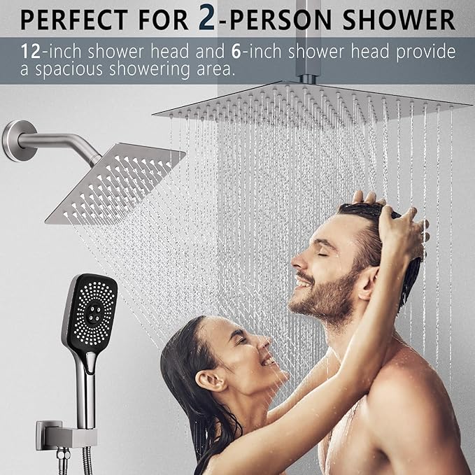 Shower Faucet Set Rainfall Shower System Push Button Diverter Shower Faucet with 4 in 1 Handheld, Ceiling Mount 12 Inch Shower Head and 6 Inch Wall Mount Shower Head